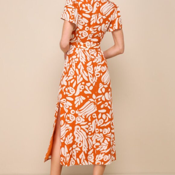 Lulus Energetic Charm Rust Orange Abstract Tie-Front Midi Dress, NWT, Size Small - Picture 4 of 12